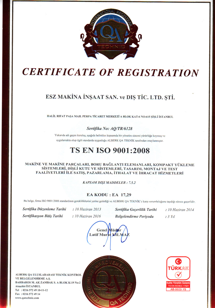 ESZ MAKINA-ISO 9001 BELGESI